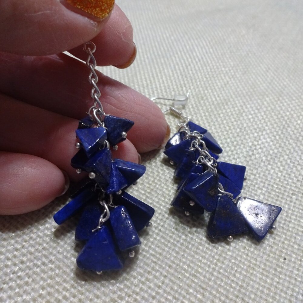 Unique LAPIS CHIP Handmade Sterling 925 Dangle Earrings (2" Drop) #621C